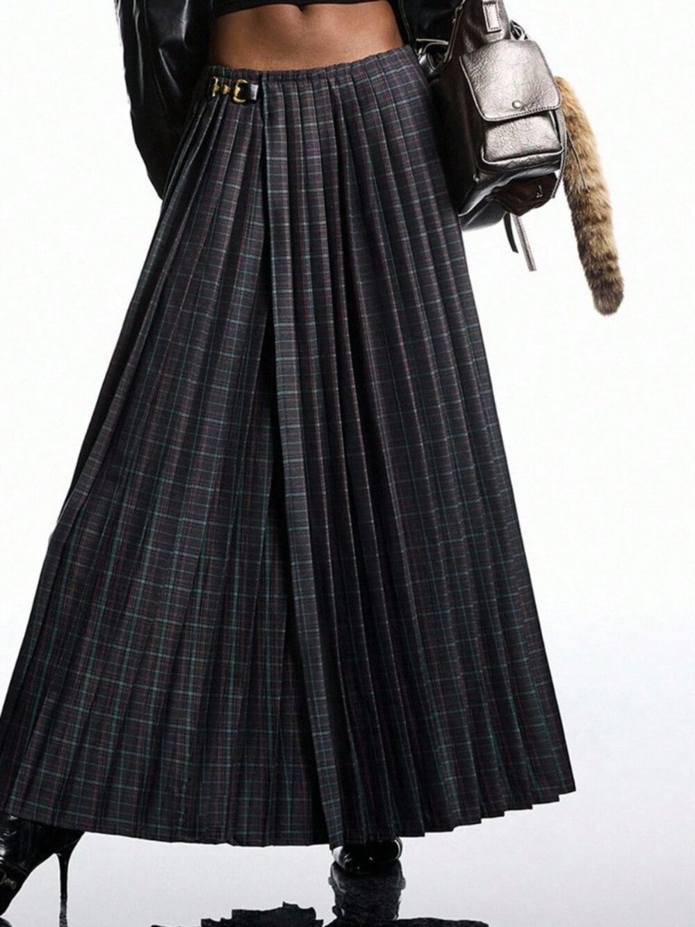 Multicolor Elegant Women's Plaid Pleated A-Line Maxi Skirt